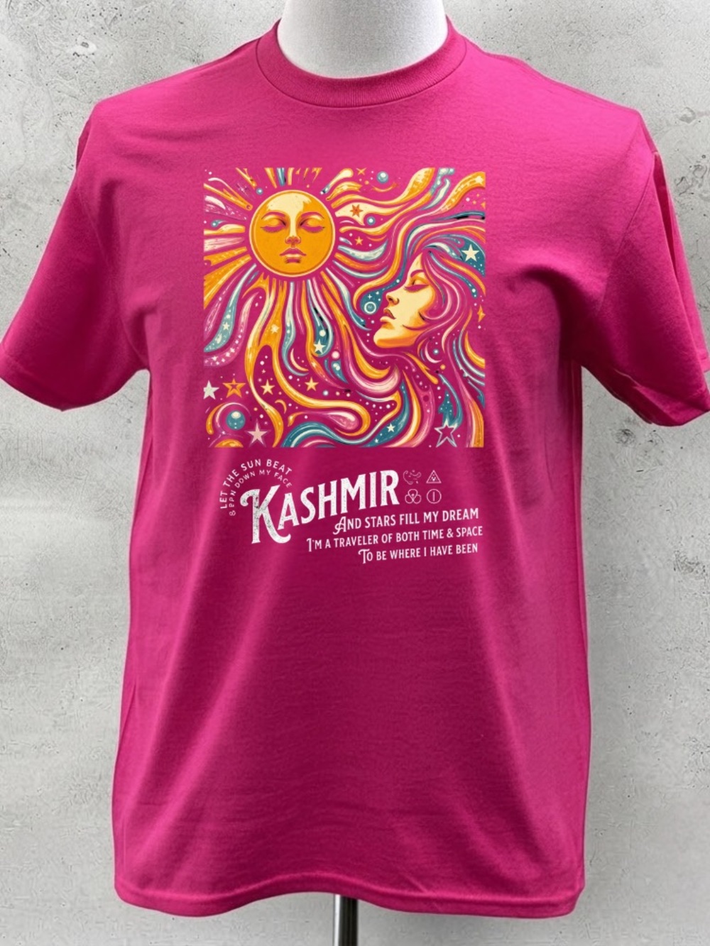 Kashmir Led Zeppelin Sun Woman Stars Space Psychedelic Vintage Hot Pink T-Shirt